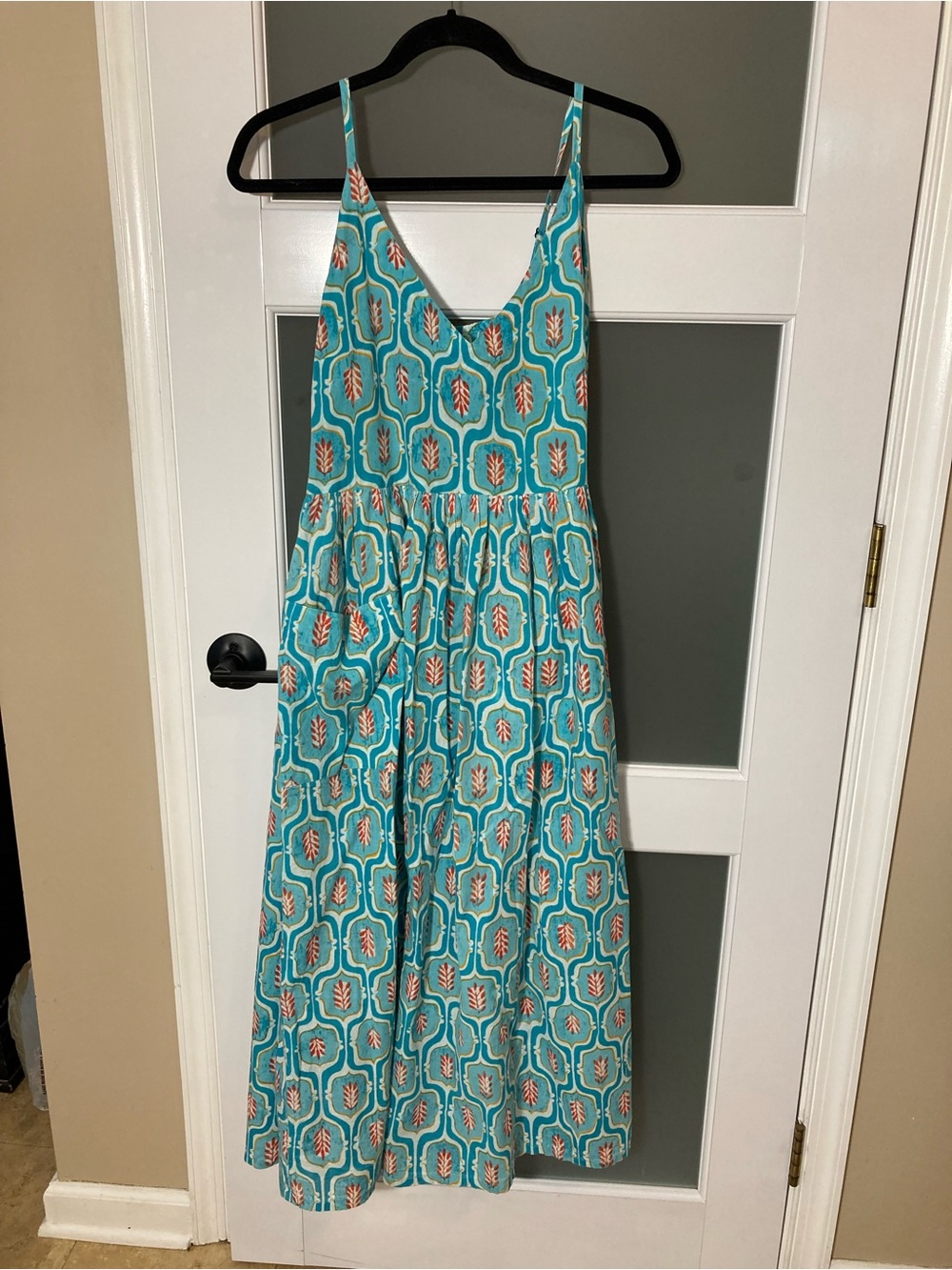 Yaatree Bazaar Block Print Cami Maxi Dress Turquoise Teal Tree Pattern XS